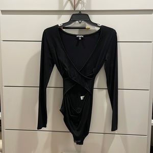 Long sleeve black v-neck bodysuit with front cut out